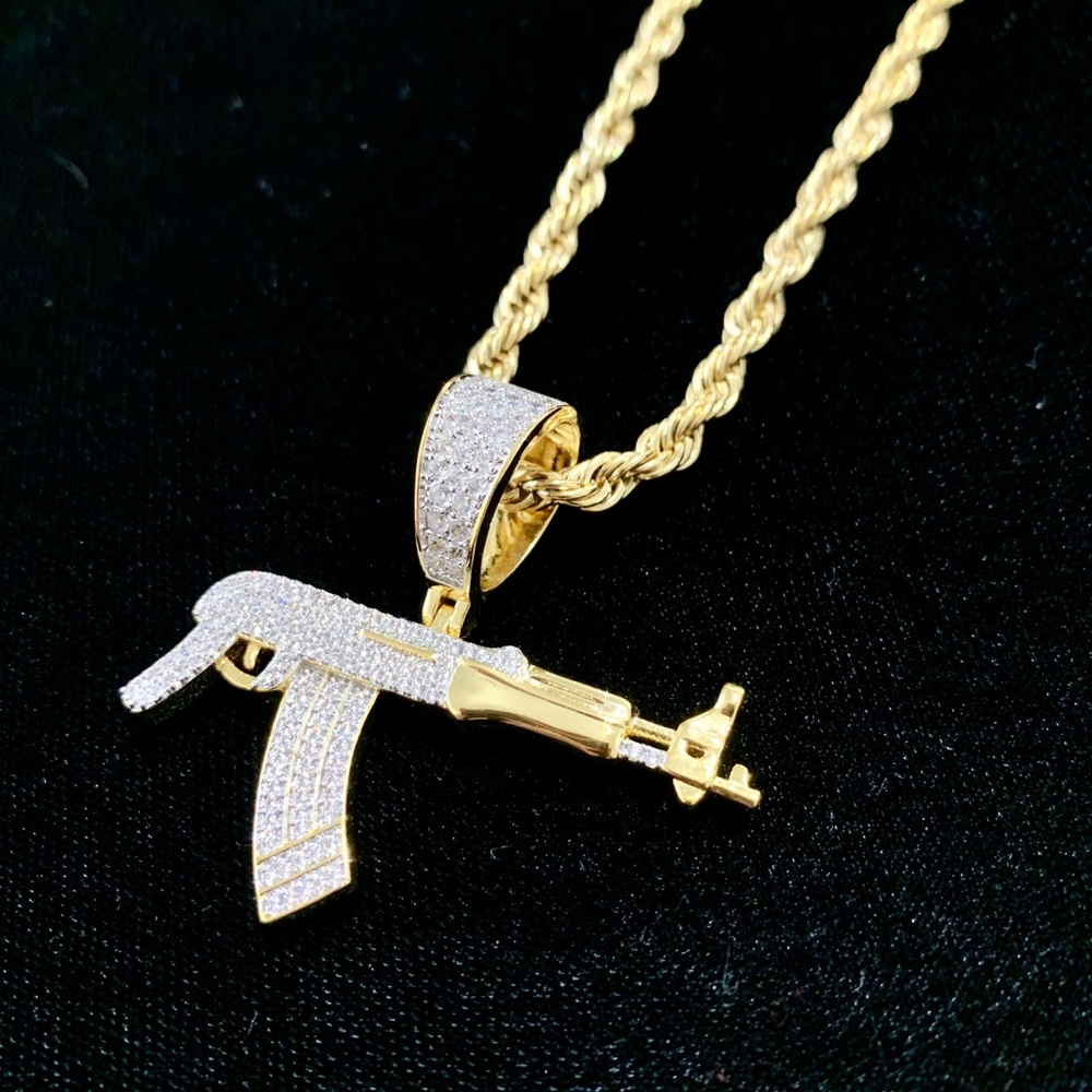 REAL AK 47 PENDANT FULL LAB DIAMONDS 18K GOLD CHAIN MADE ITALY LIFETIME WARRANTY